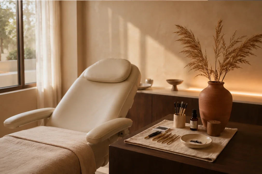 An empty treatment chair in a calm, warmly lit beauty studio