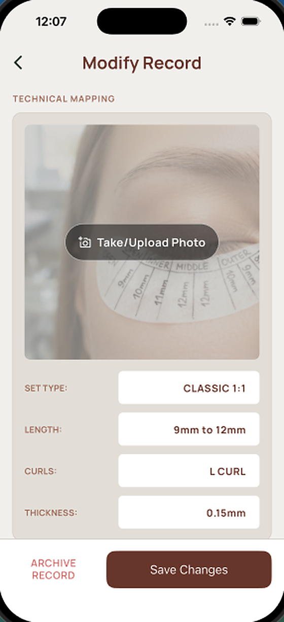 The technical mapping screen with set type, length, curl, and thickness