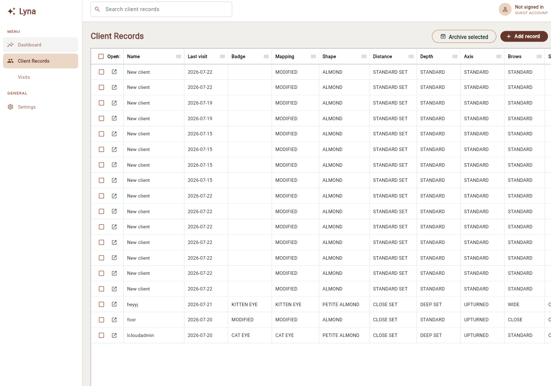 The Lyna web app client records table, showing every saved client alongside their mapping, shape, distance, depth, axis, and brows
