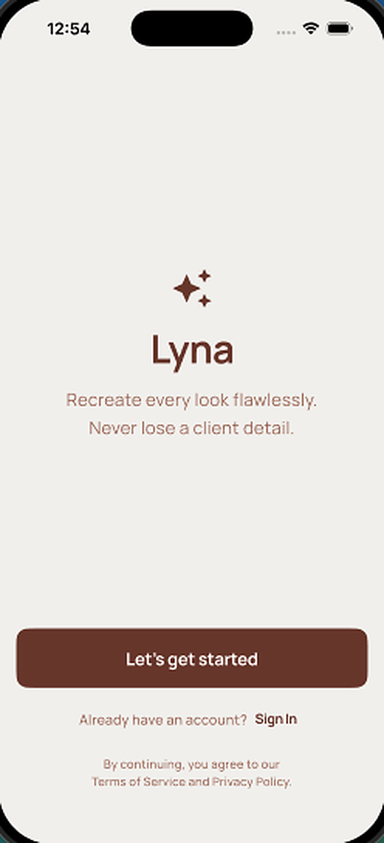 The Lyna welcome screen on iPhone